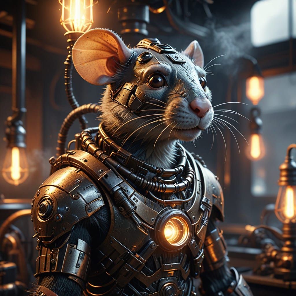 Steampunk Cyborg Rat Works in Industrial Workshop