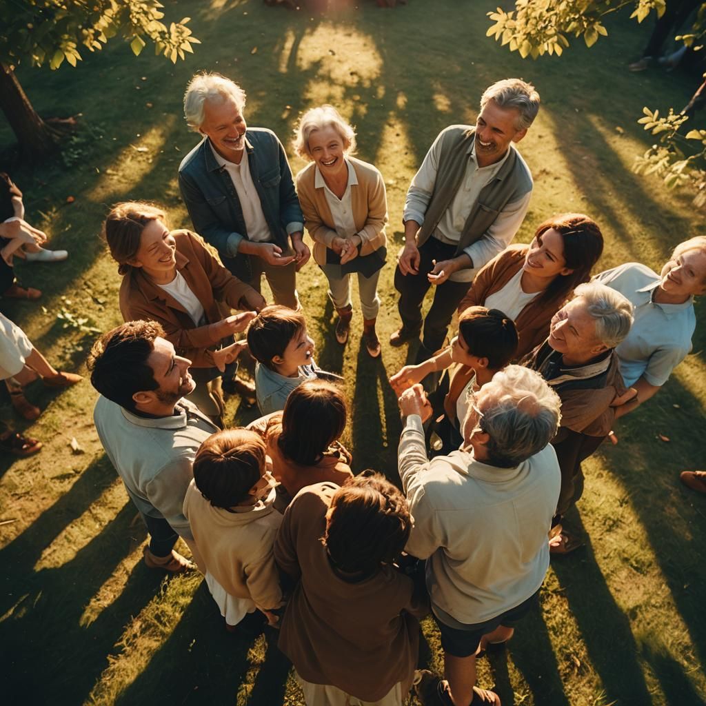 Smiling People Gathered in Golden Light: Cinematic Still
