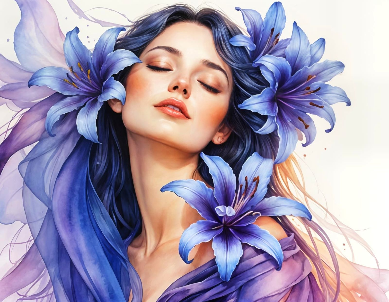 Ethereal Woman with Lilies in Digital Watercolor