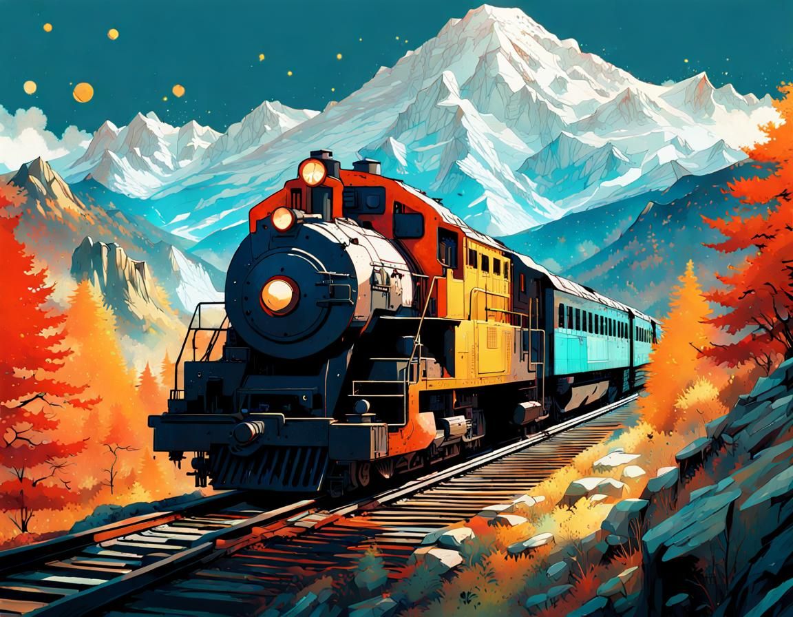 Mountains and Train in Manga Art Style
