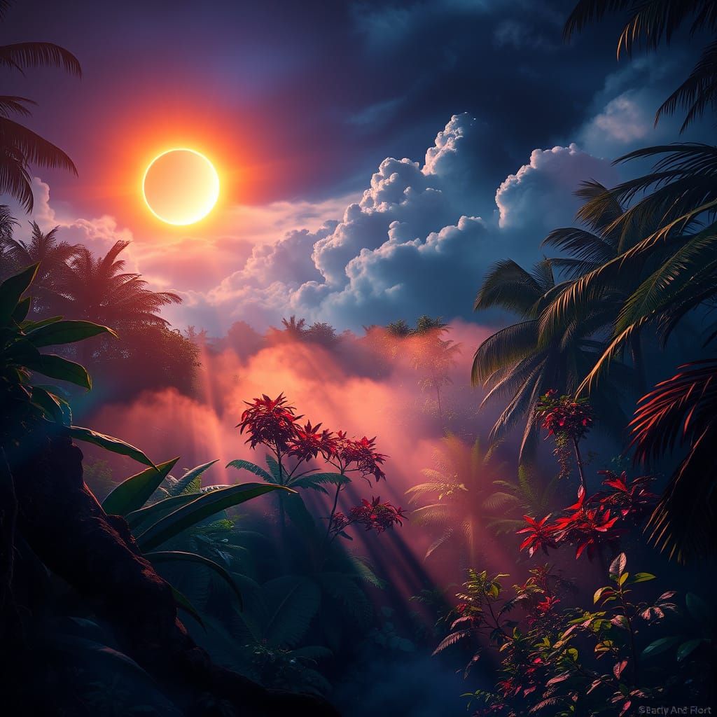 Ethereal Solar Eclipse Unfolds in Tropical Jungle