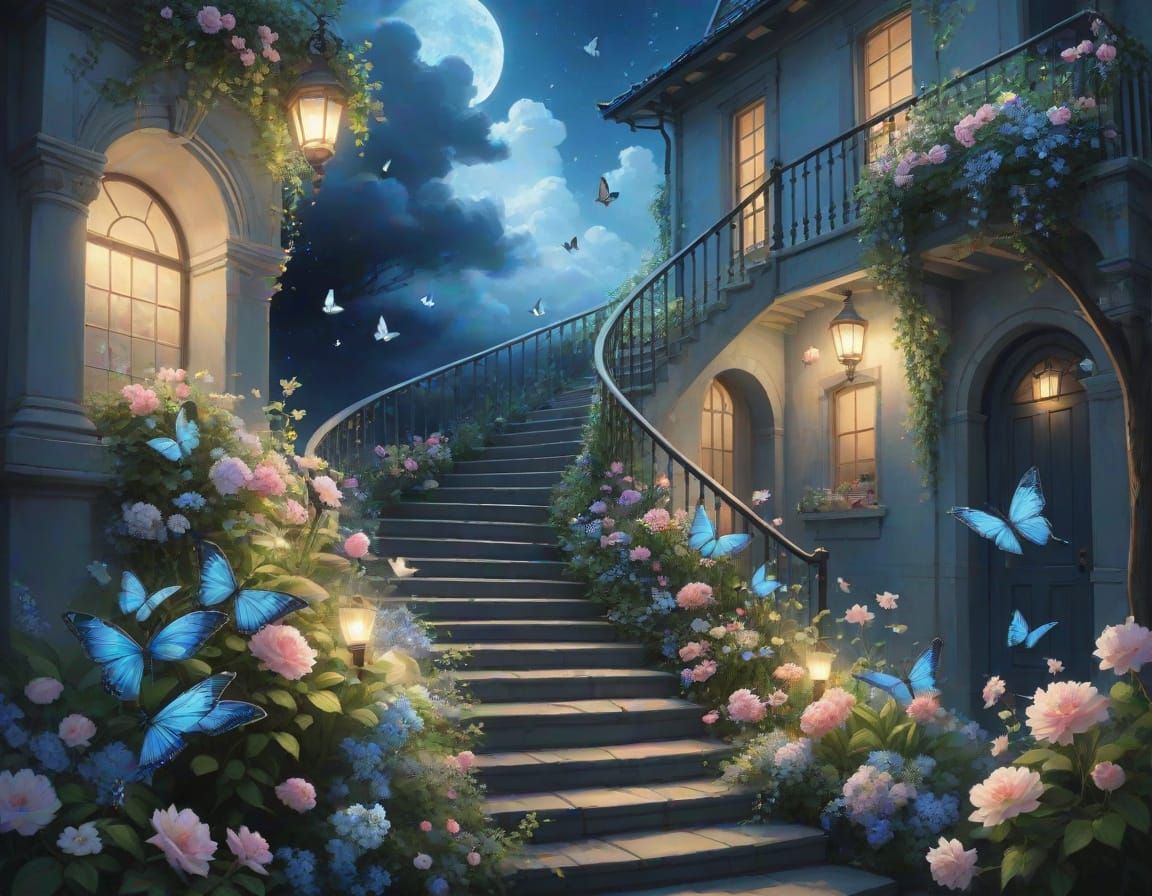 Ethereal Stairs Ascend Through Garden to Soft Clouds