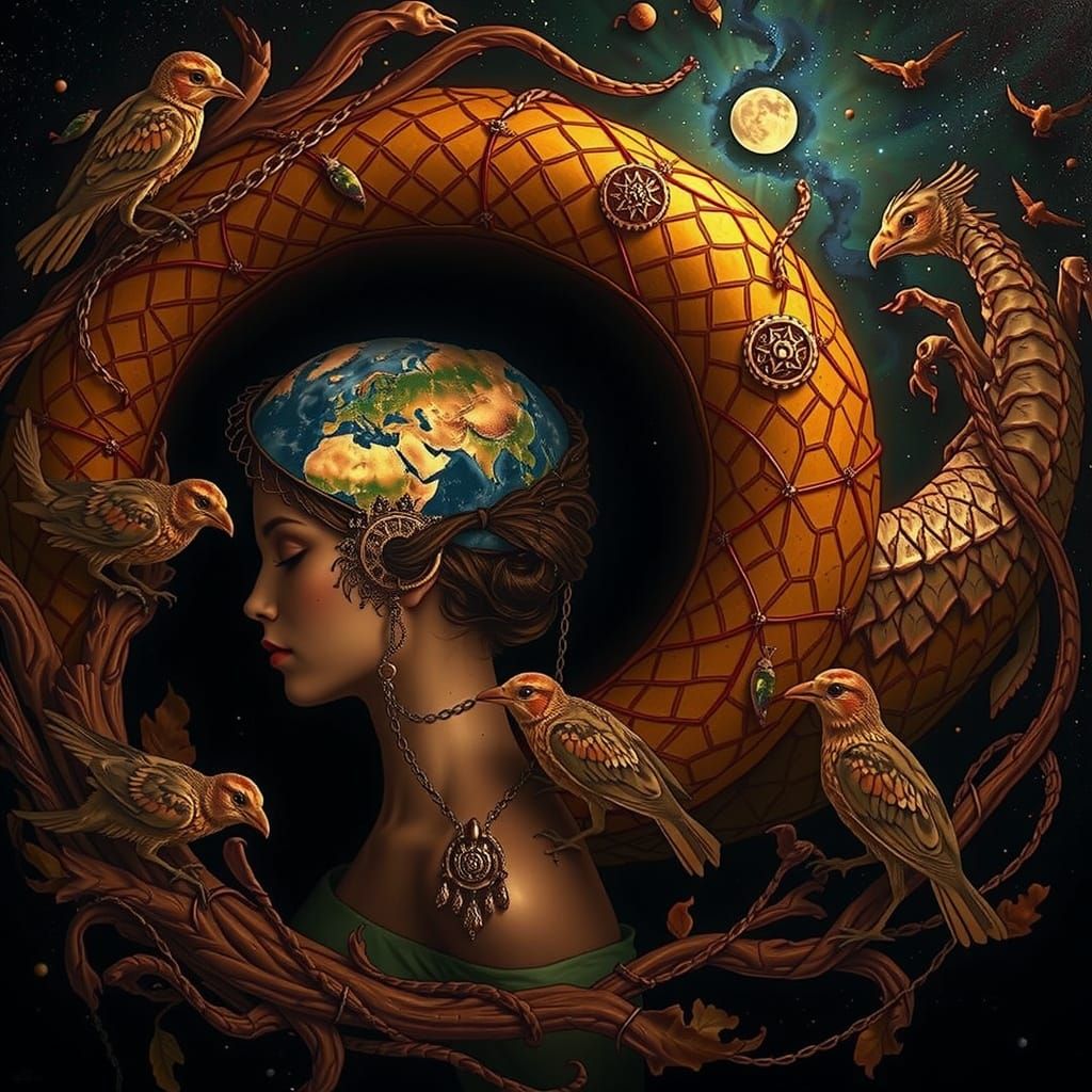 Ethereal Woman Carrying Birds, Nature Mindscape Concept Art