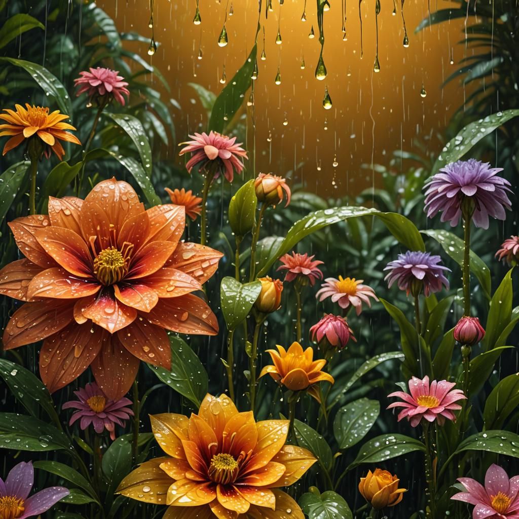 Photorealistic Flowers in the rain, flowers, rain, waterdrops, drips like tears, botanical art style, rain forest, flowe...