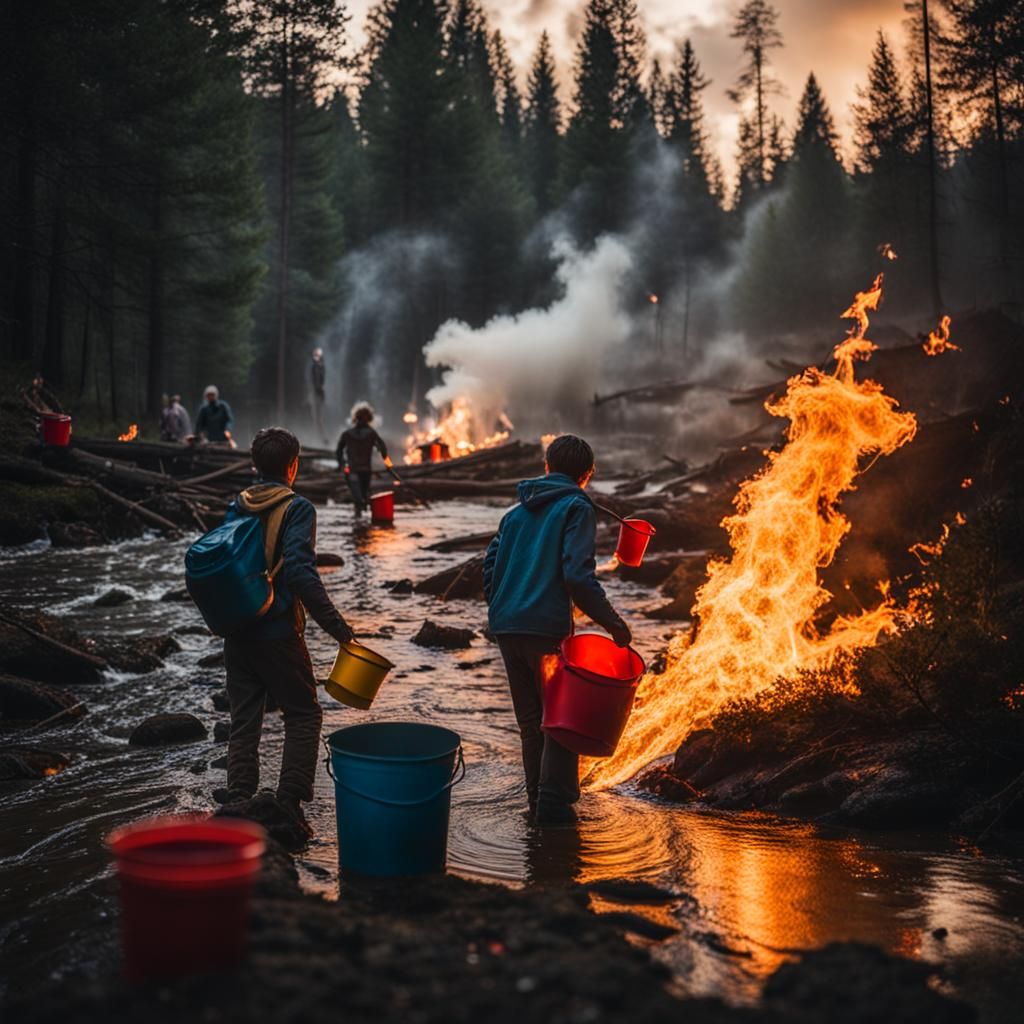 storm with fire in a part forest near a stream with people with buckets filling them and chucking water over fire in a s...