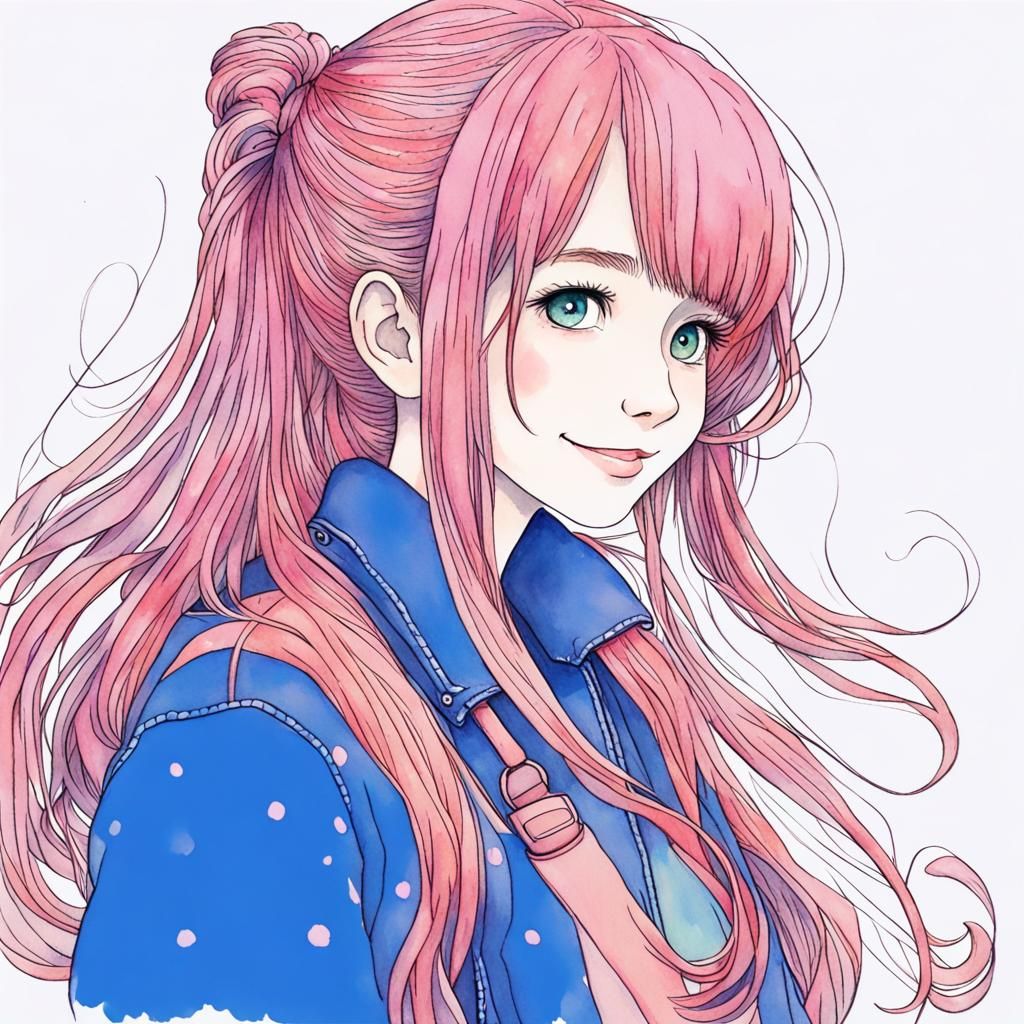 Teenage Girl with Pink Hair in Pointillism Style