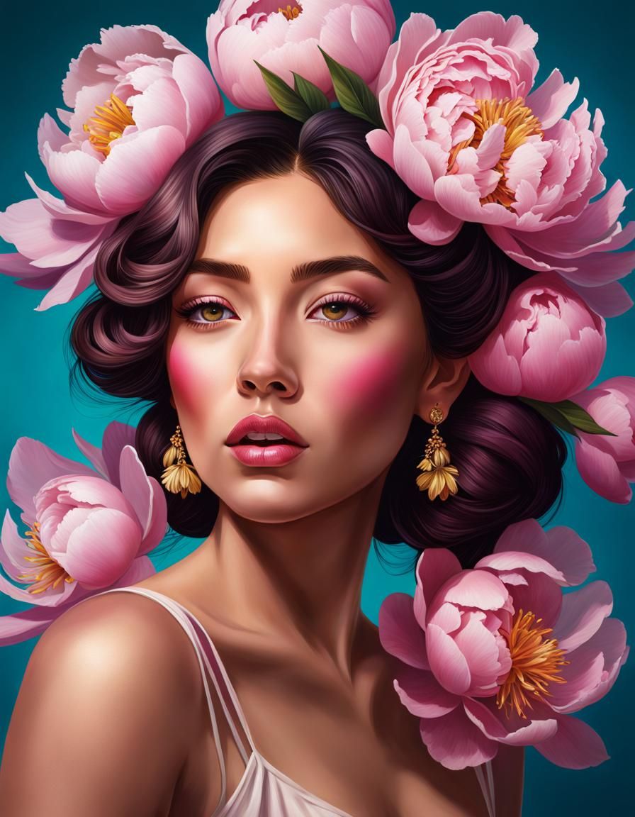 Girl with Peonies: Hyperrealistic Splash Art Portrait