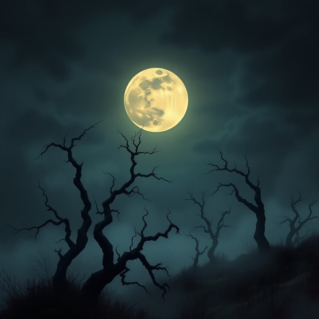 Ominous Full Moon Landscape in Digital Painting Style