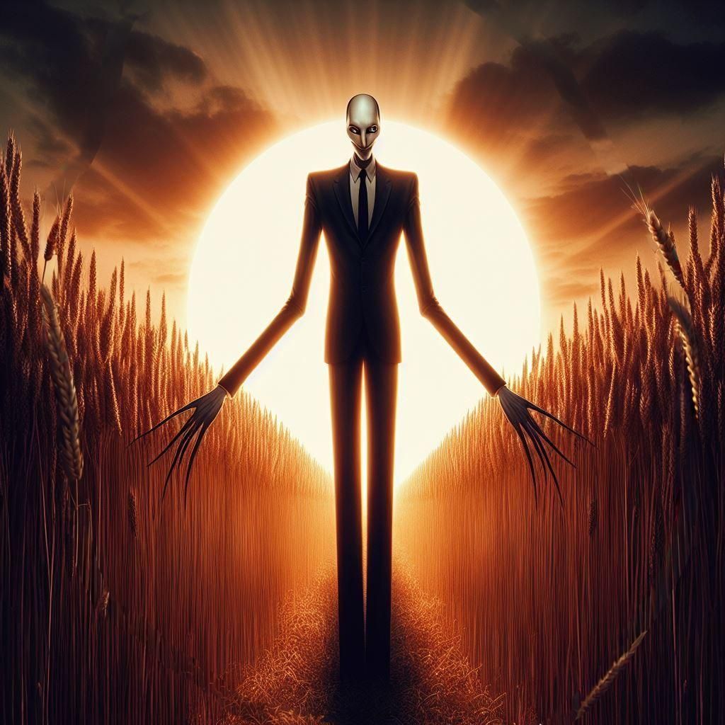 Slenderman in Wheat Field: Hyperrealistic 8K 3D Render