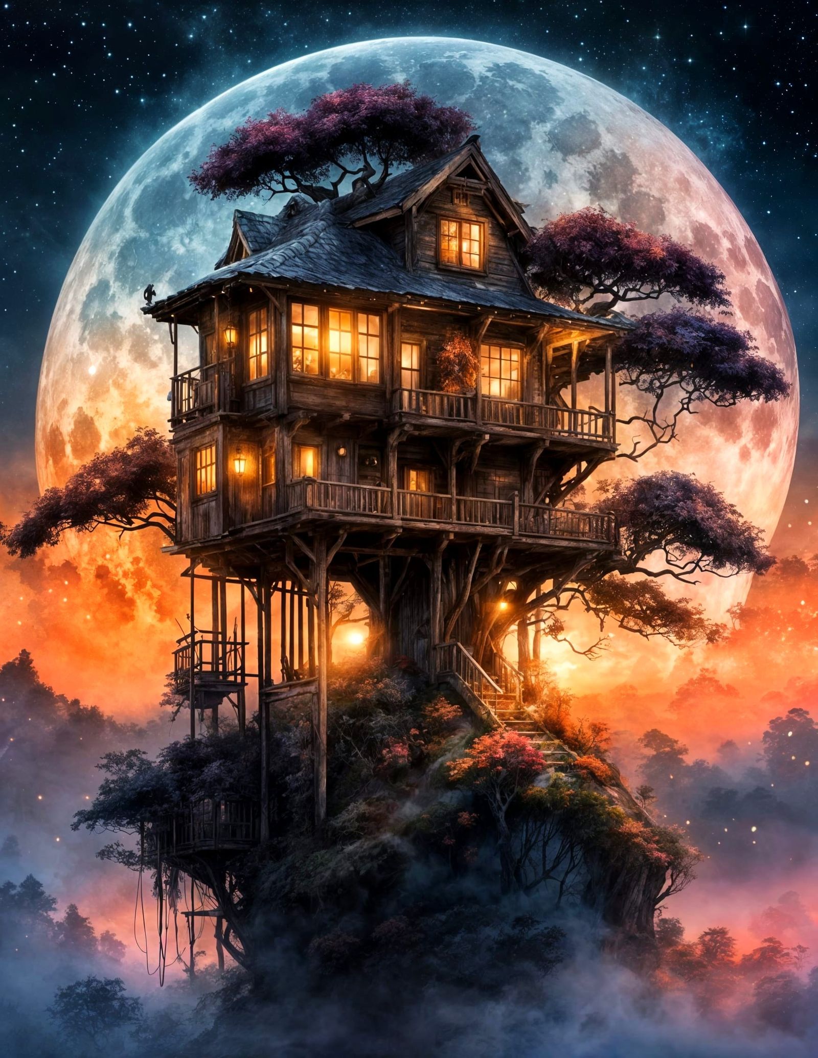 A treehouse touched by stars