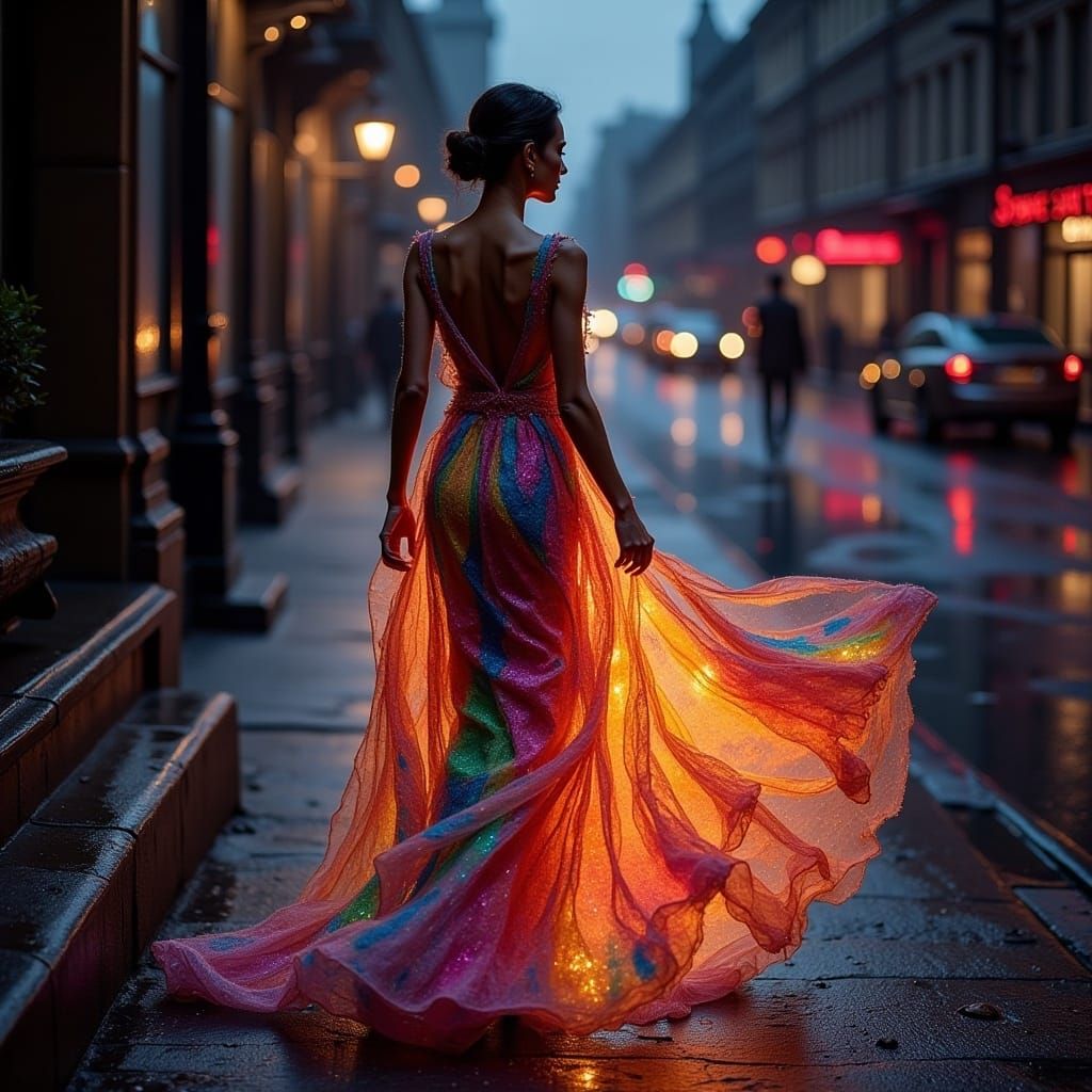 Woman in Flowing Dress on City Sidewalk