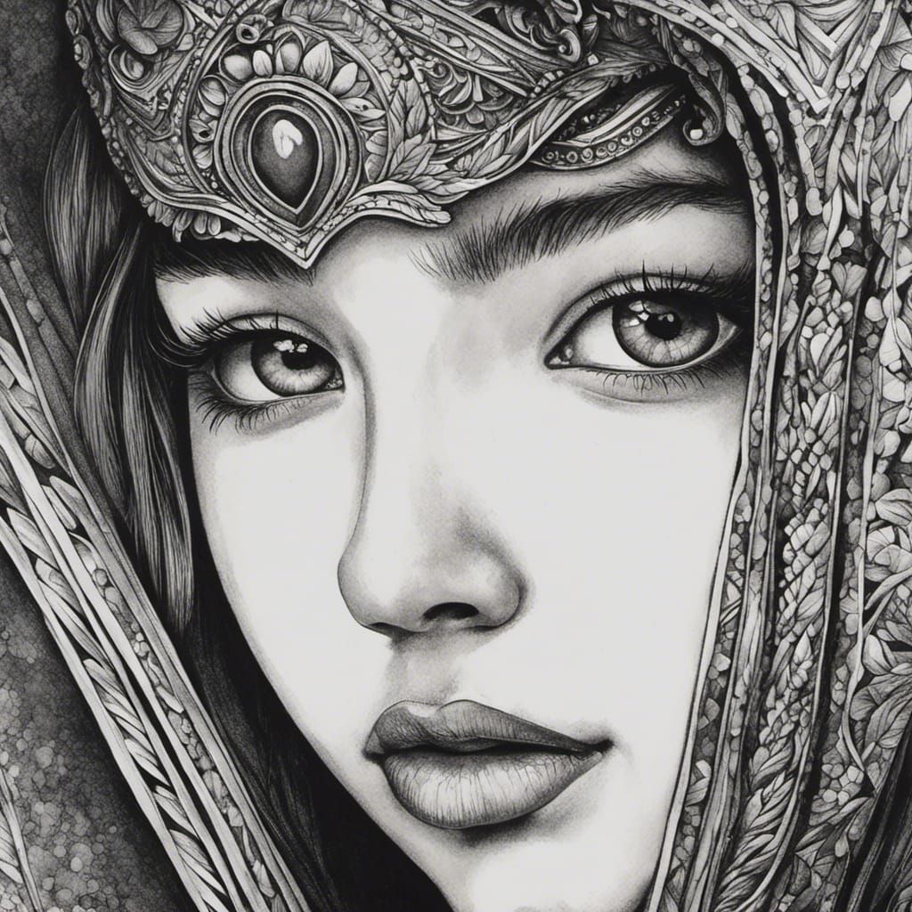 Expressive Girl Portrait in Black Ink Drawing