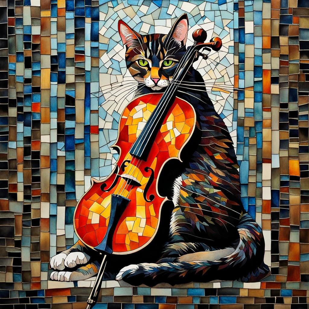 Moody Mosaic: Cat Playing Fiddle in Ink and Watercolor
