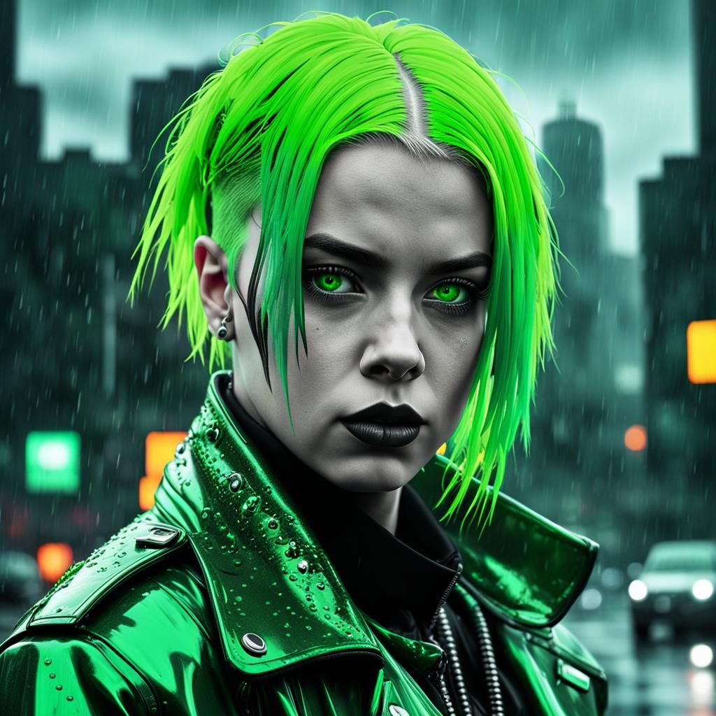 Billie Eilish Punk Portrait in Selective Green
