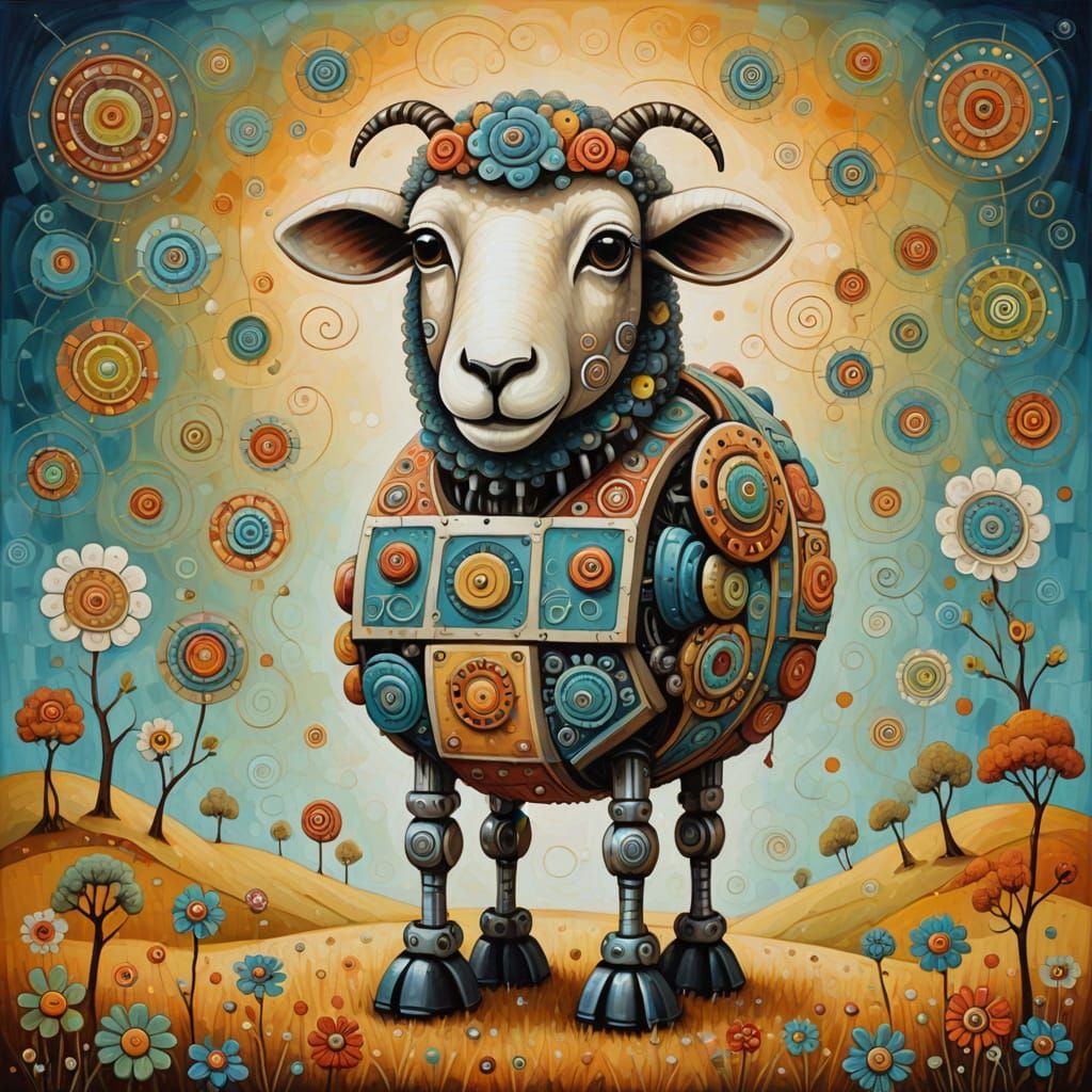Surreal Whimsical Sheep Robot in Folk-Art Oil Painting