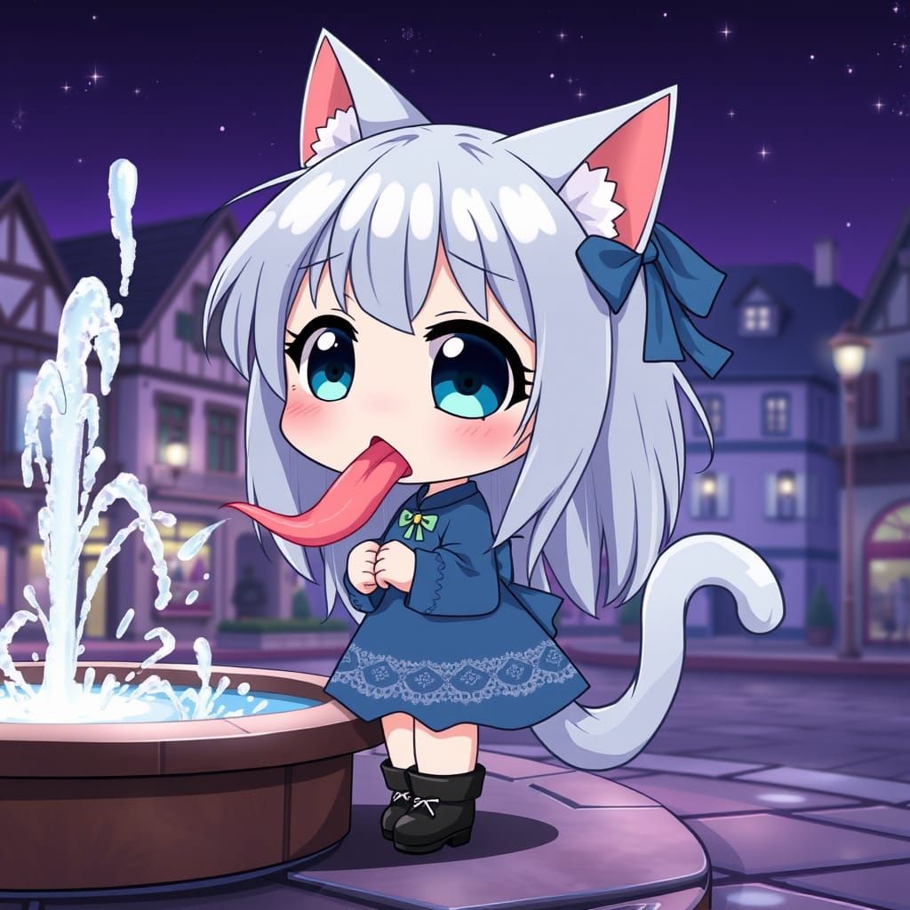 Cute Chibi Catgirl Catches Water in Nighttime Town Square