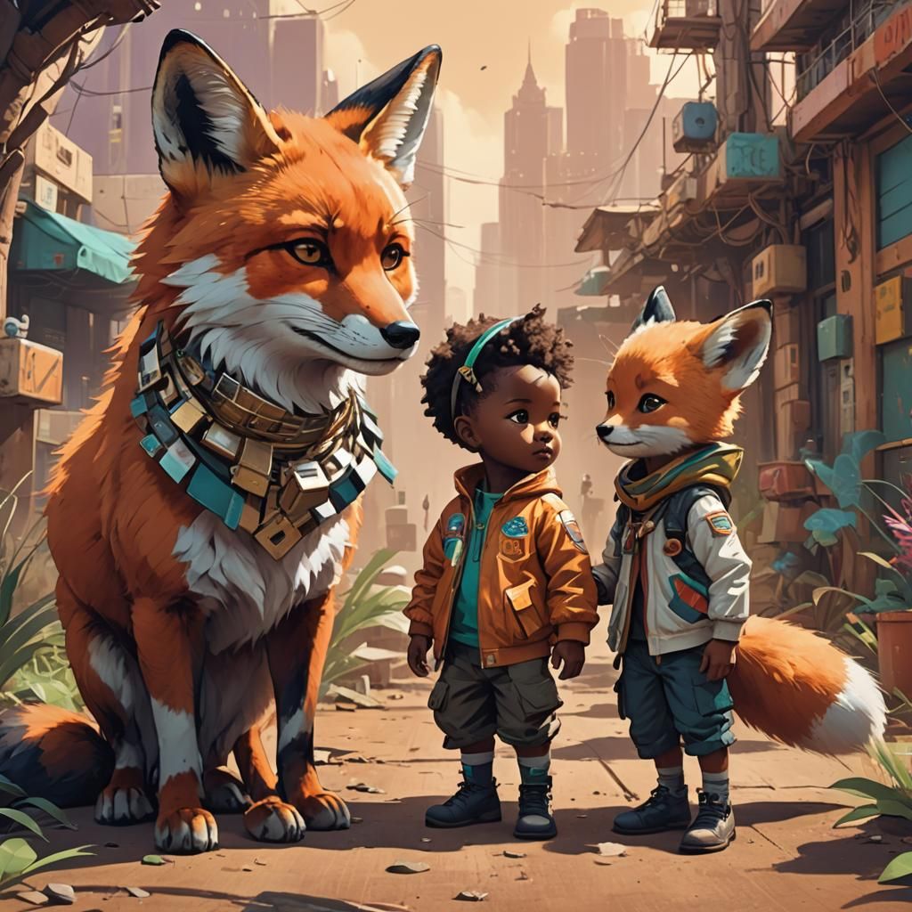 Toddler and Fox in Afrofuturist Anime Style