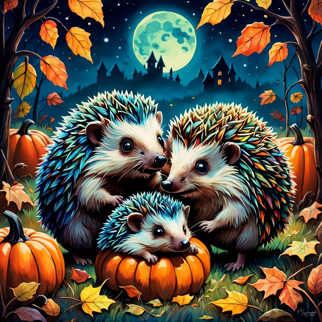 Bioluminescent Hedgehogs Play in Moonlit Autumn Meadow