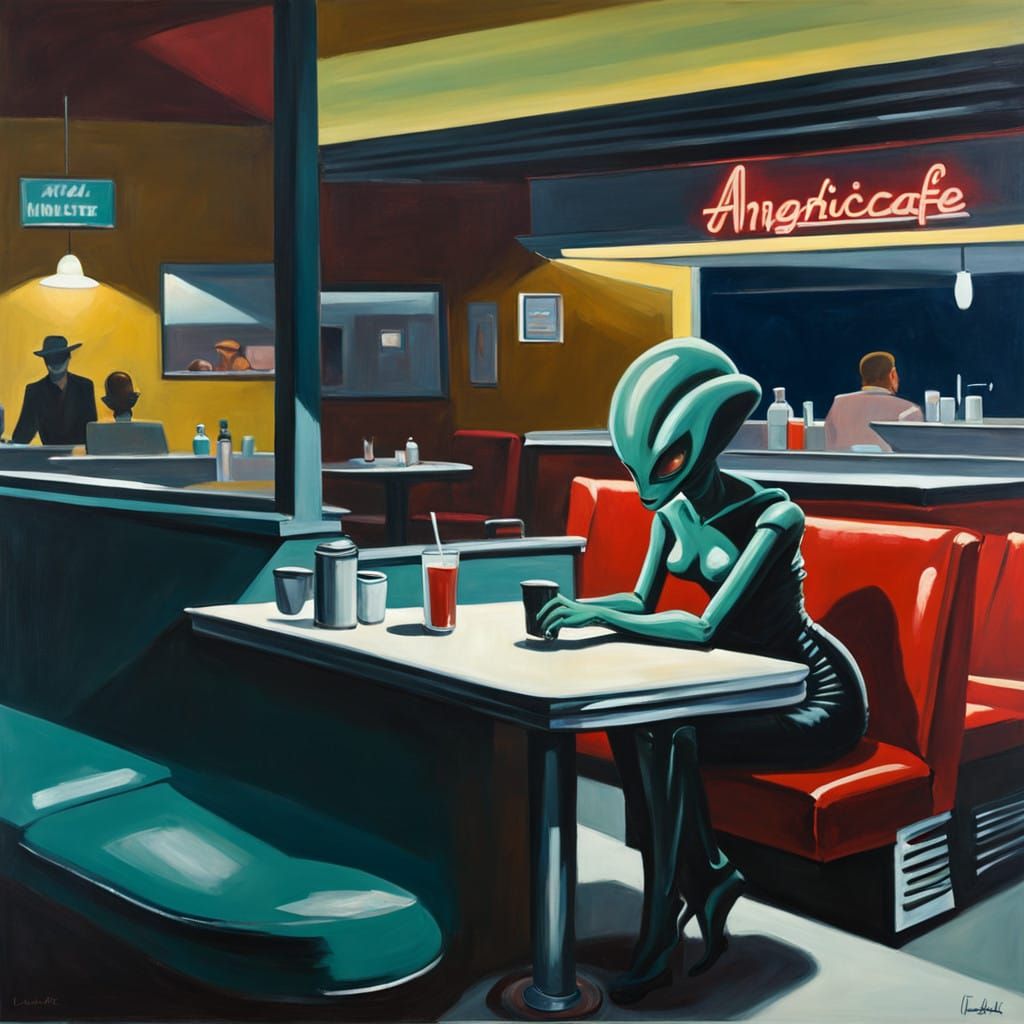 Alien Solo at NightCafe Diner, in the style of Edward Hopper...