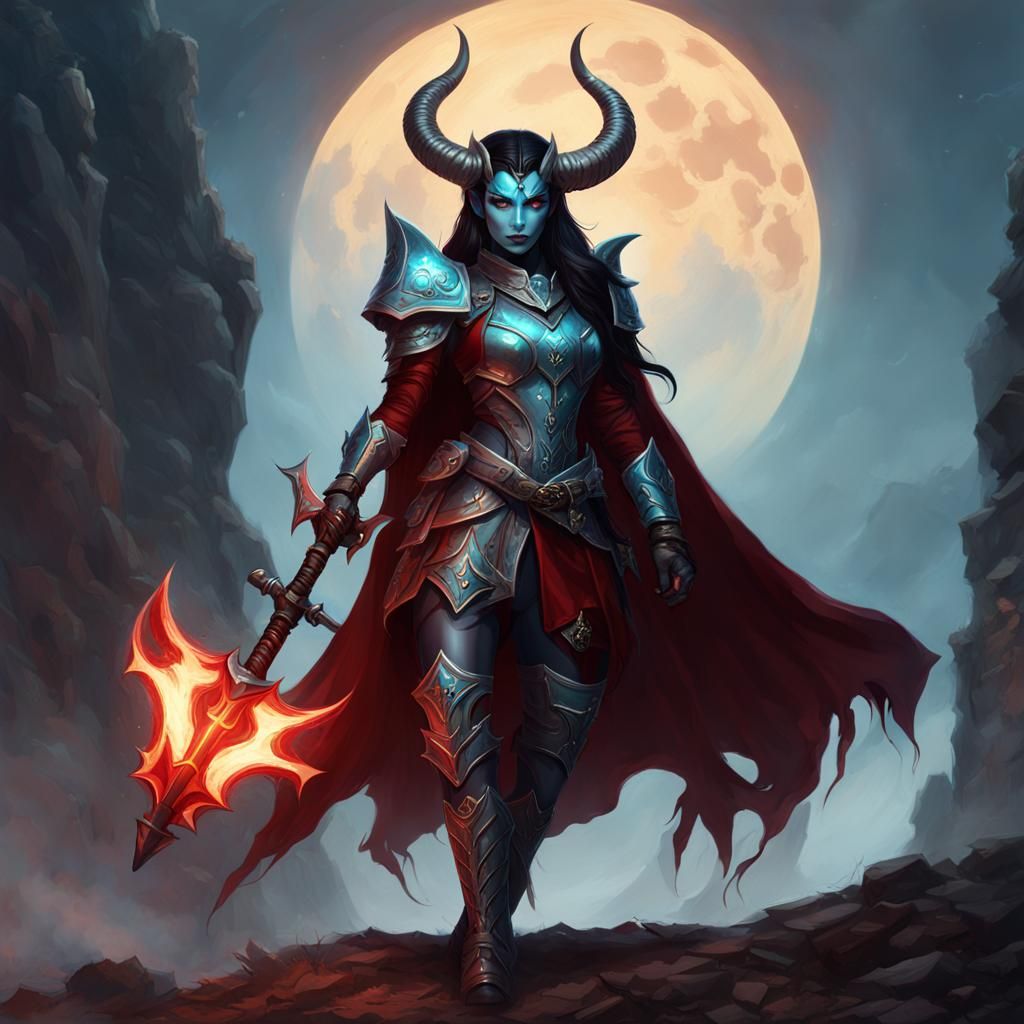 Blue Tiefling Half-Demon Wielding Magic Hammer