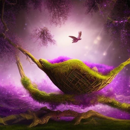 Dreamy Purple Forest with Sparkling Bird's Nest