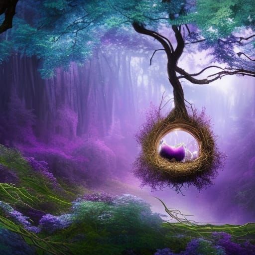 Dreamy Purple Forest with Sparkling Bird's Nest