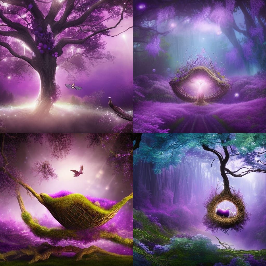 Dreamy Purple Forest with Sparkling Bird's Nest