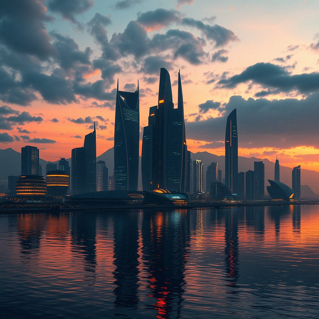 Futuristic Lobito Bay Sunset: A Dystopian African Cityscape