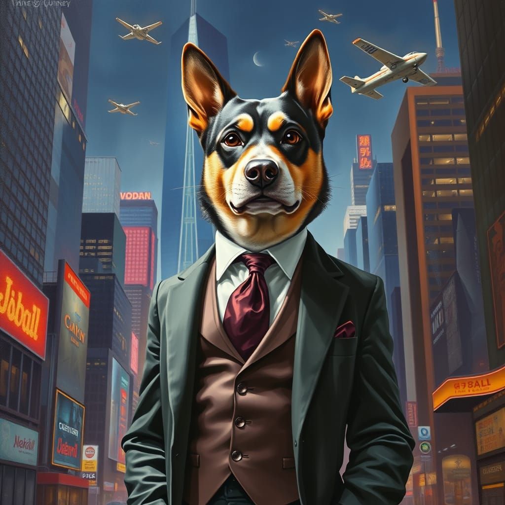 Sophisticated Dog in Digital Cityscape Oil Painting