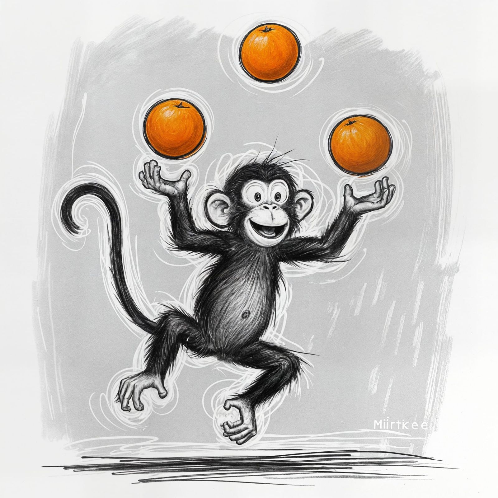 Whimsical Monkey Juggling Oranges as Charcoal Drawing