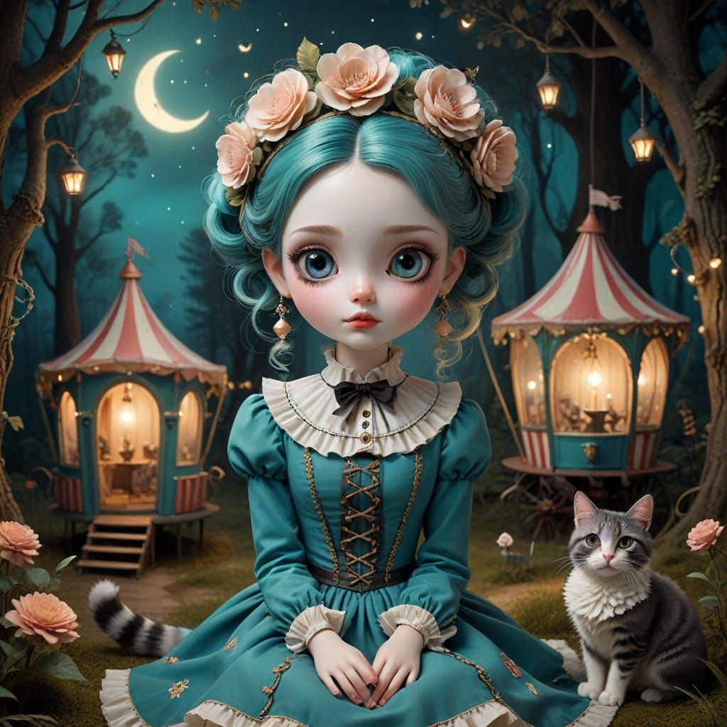 Whimsical Dreamlike Girl with Kitten in a Vintage Circus Set...