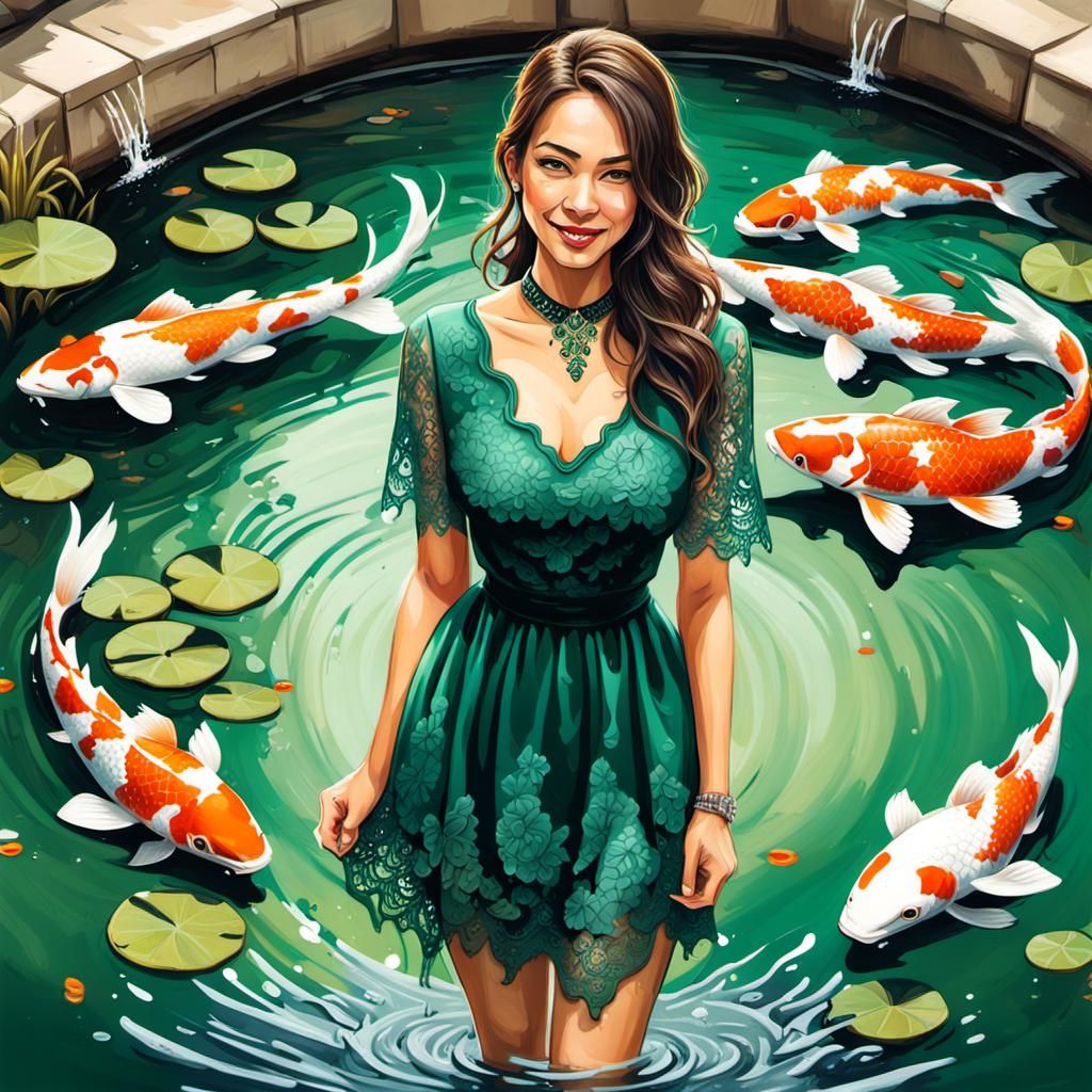 Smiling Brunette in Koi Pond: Graffiti Art