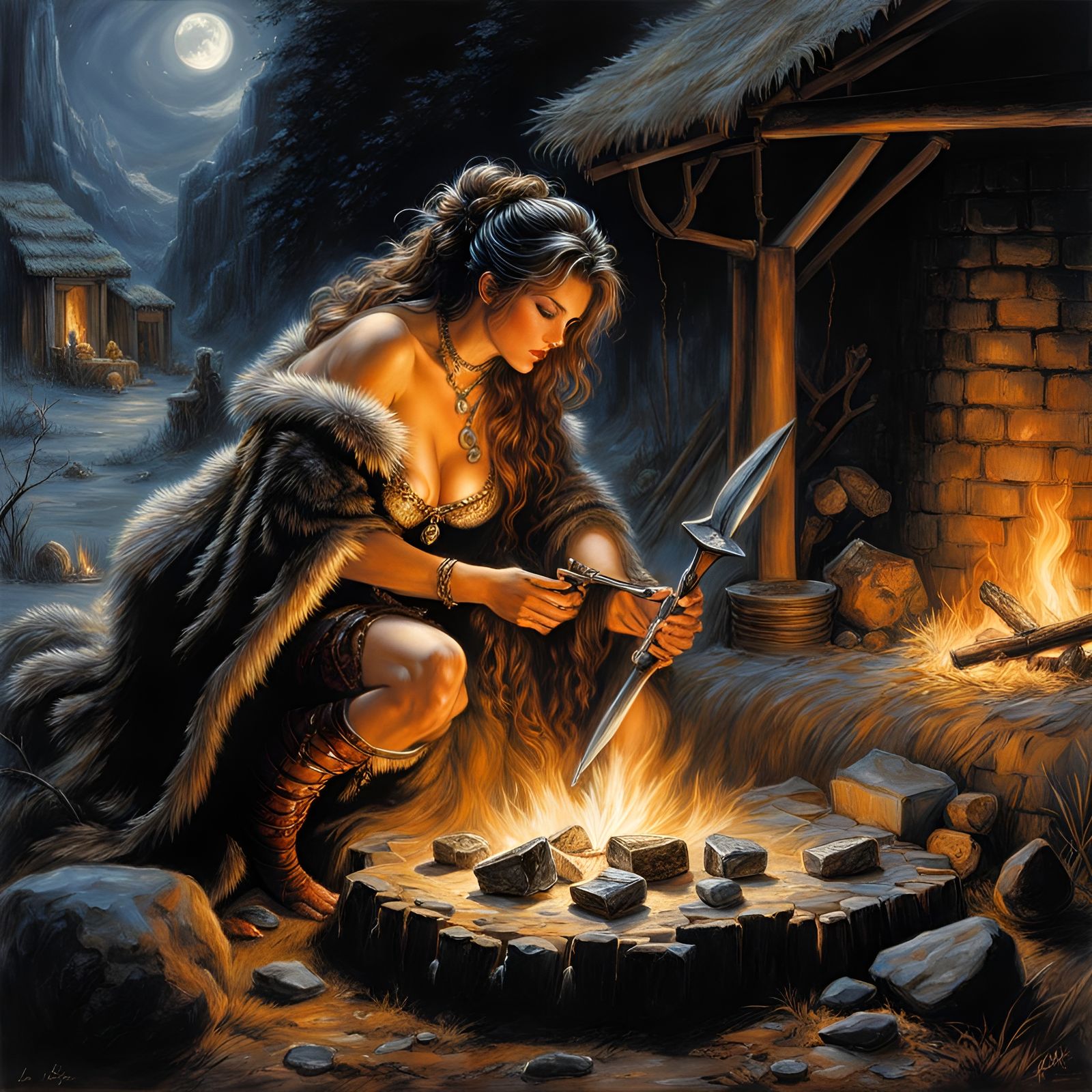 Prehistoric Woman Sharpening Flint by Fire, Dark Fantasy Sty...