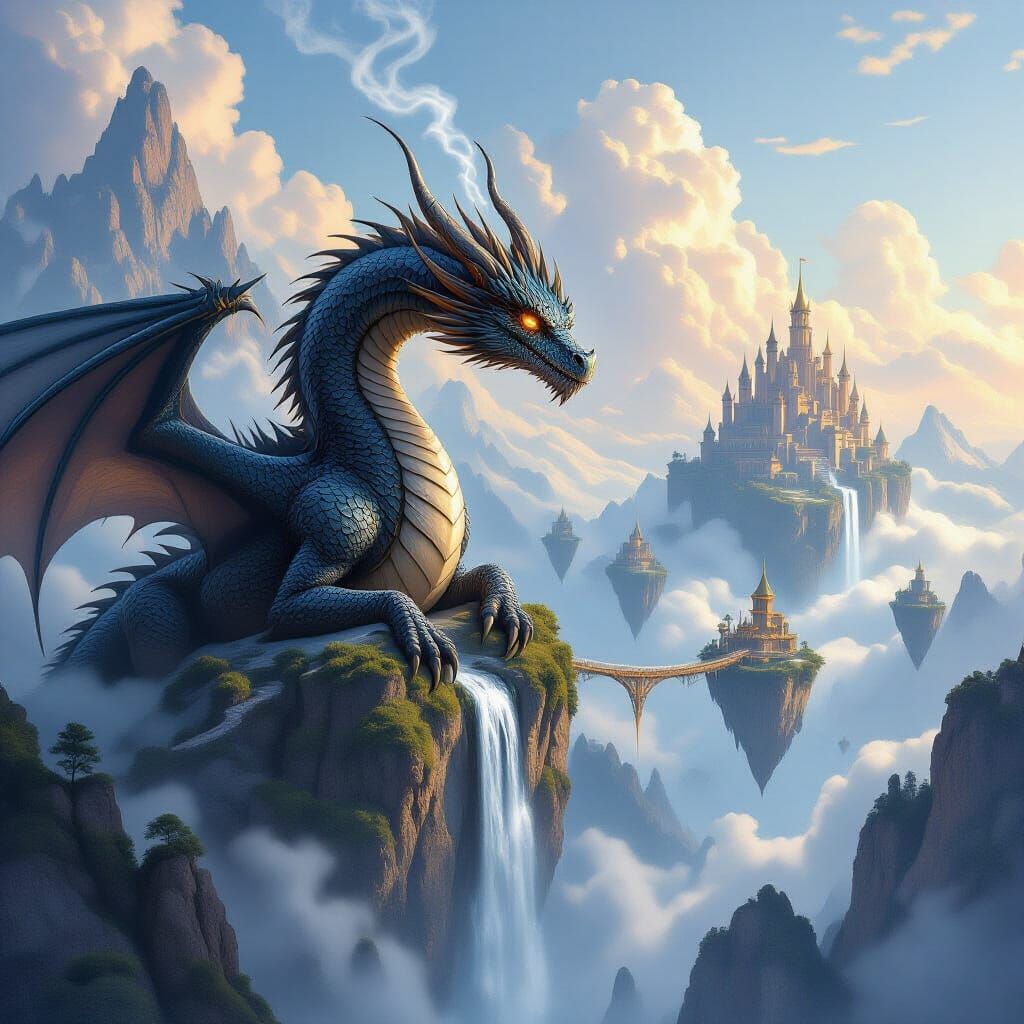 Majestic Obsidian Dragon Over Floating Islands