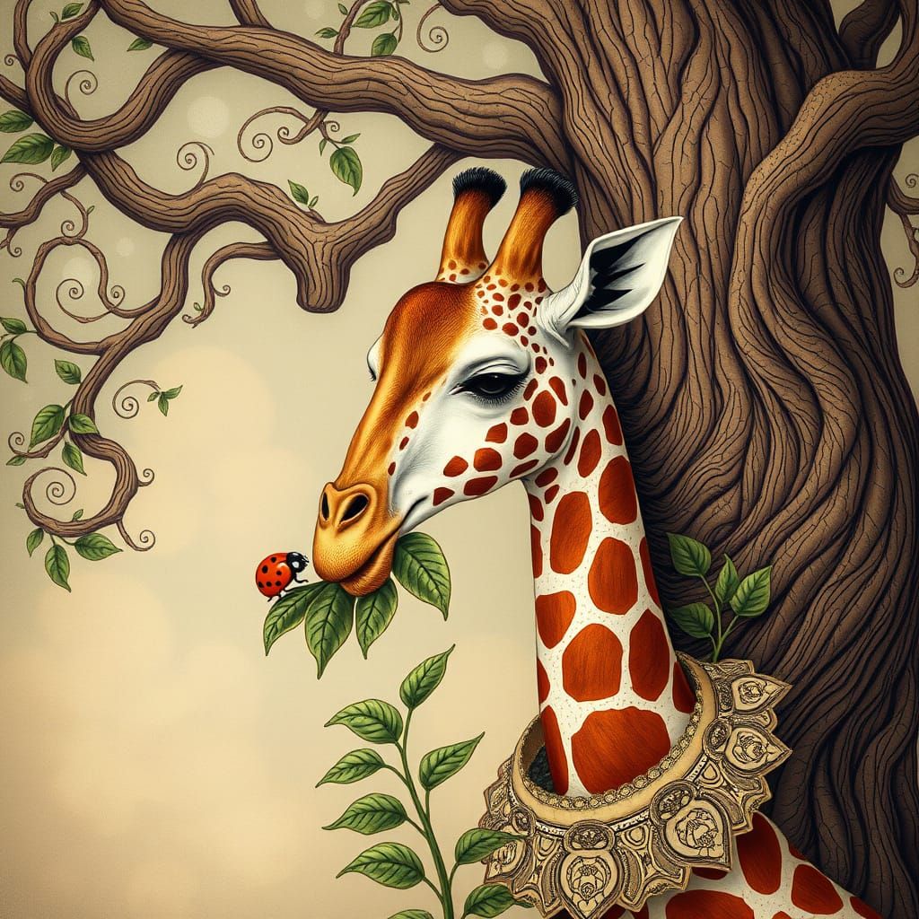 Giraffe and Ladybug in Art Nouveau Style