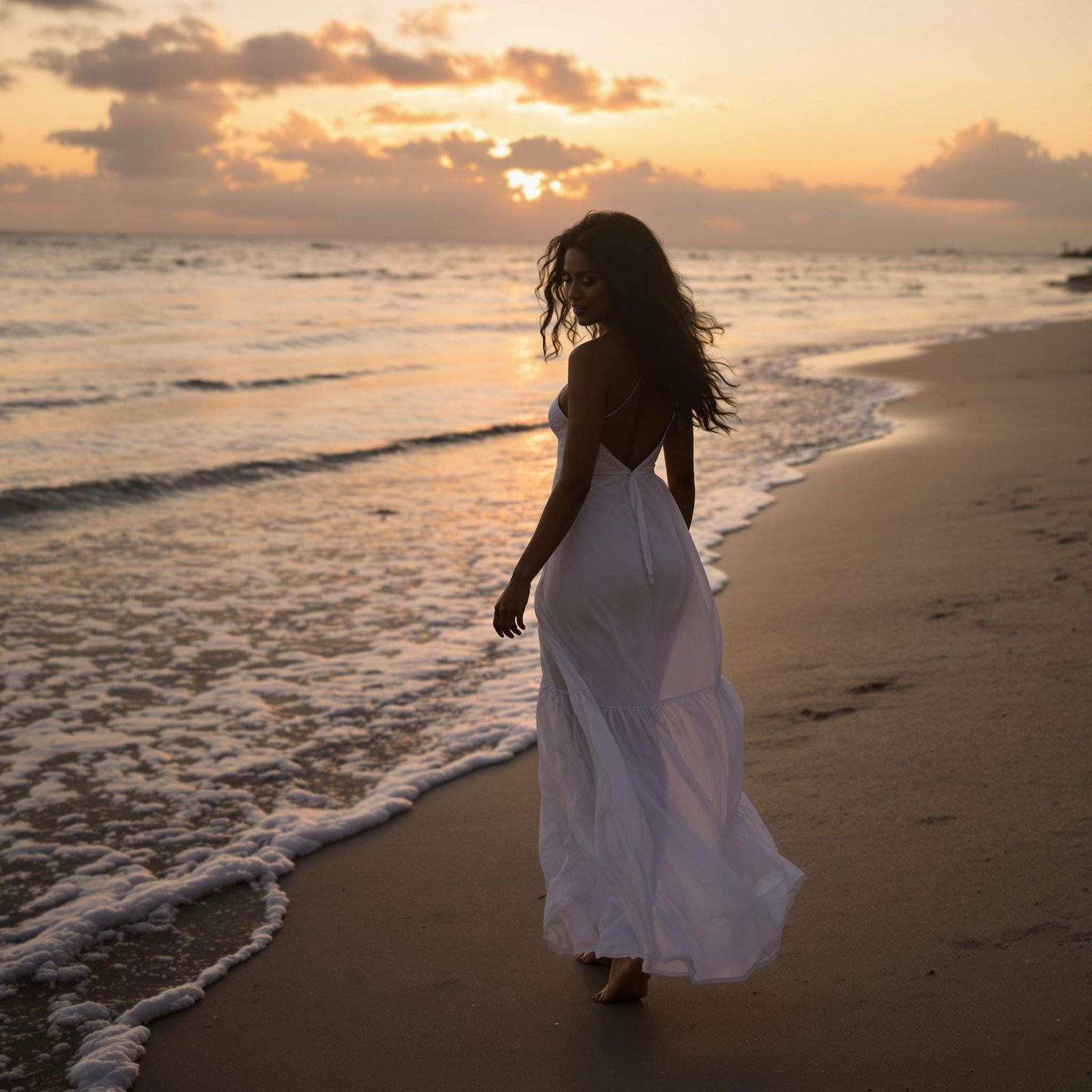 Sensual Black Haired Woman Strolls Beach at Dawn