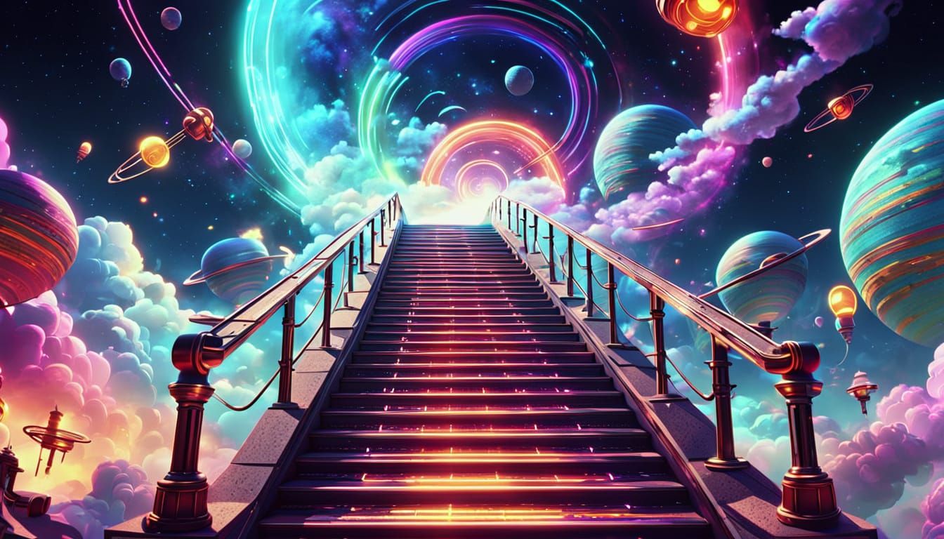 Intergalactic Stairway to Noodle Heaven in Neon Art