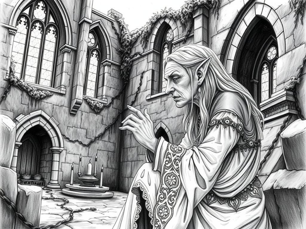 Grieving Elven Priestess in Ruined Sanctuary