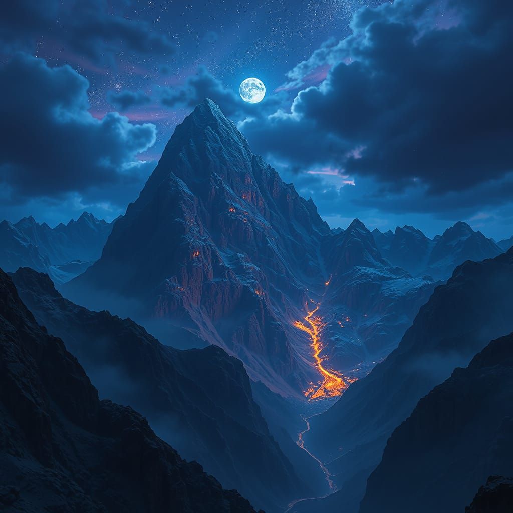 Ethereal Mountain Scene at Night in Vibrant Color