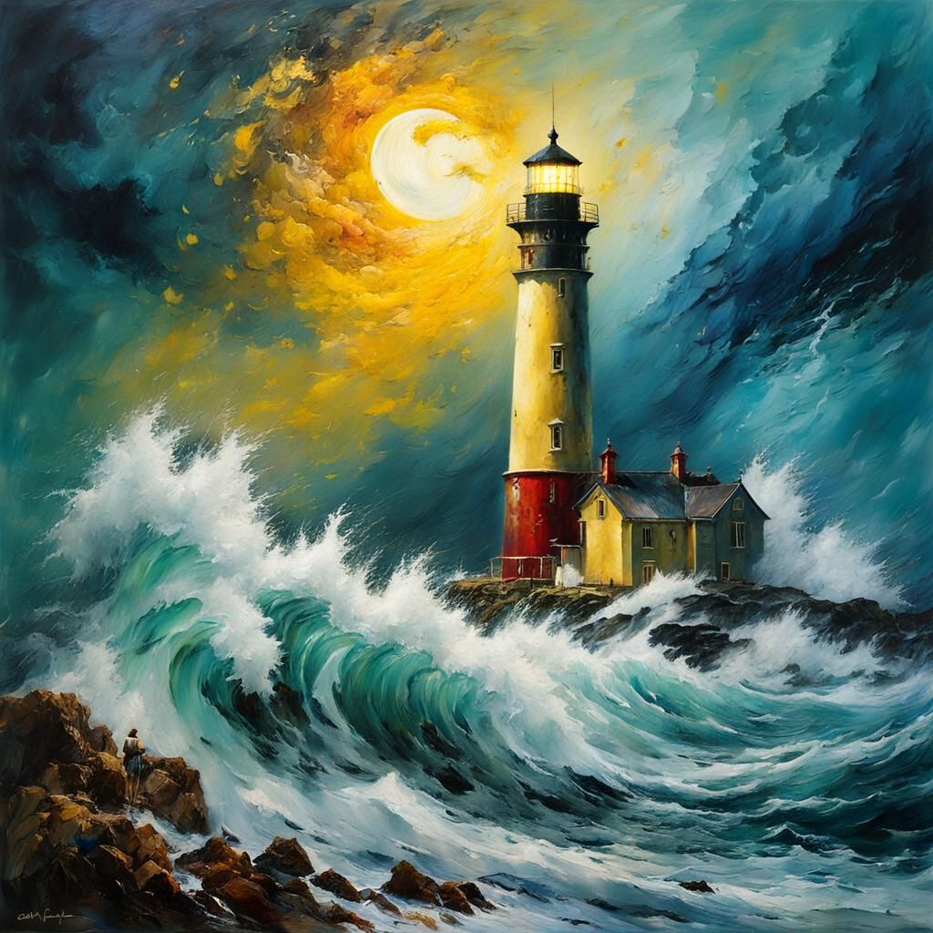 Lighthouse in Stormy Night as Oil Painting