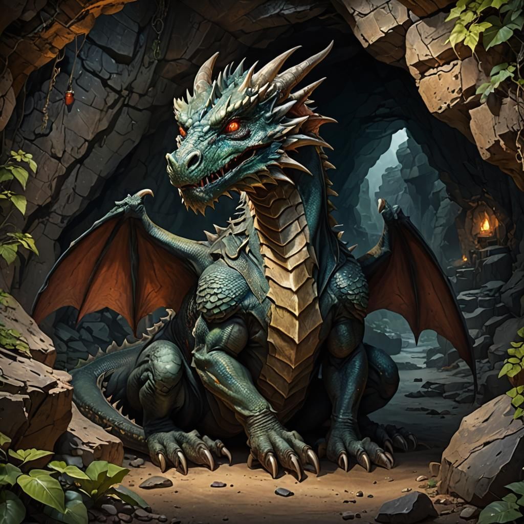 Elderly Dragon Resting in Cave Lair