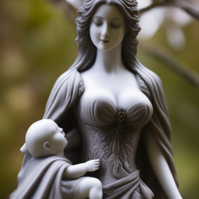 Gothic Fairy Statue Holding Baby: Digital Art