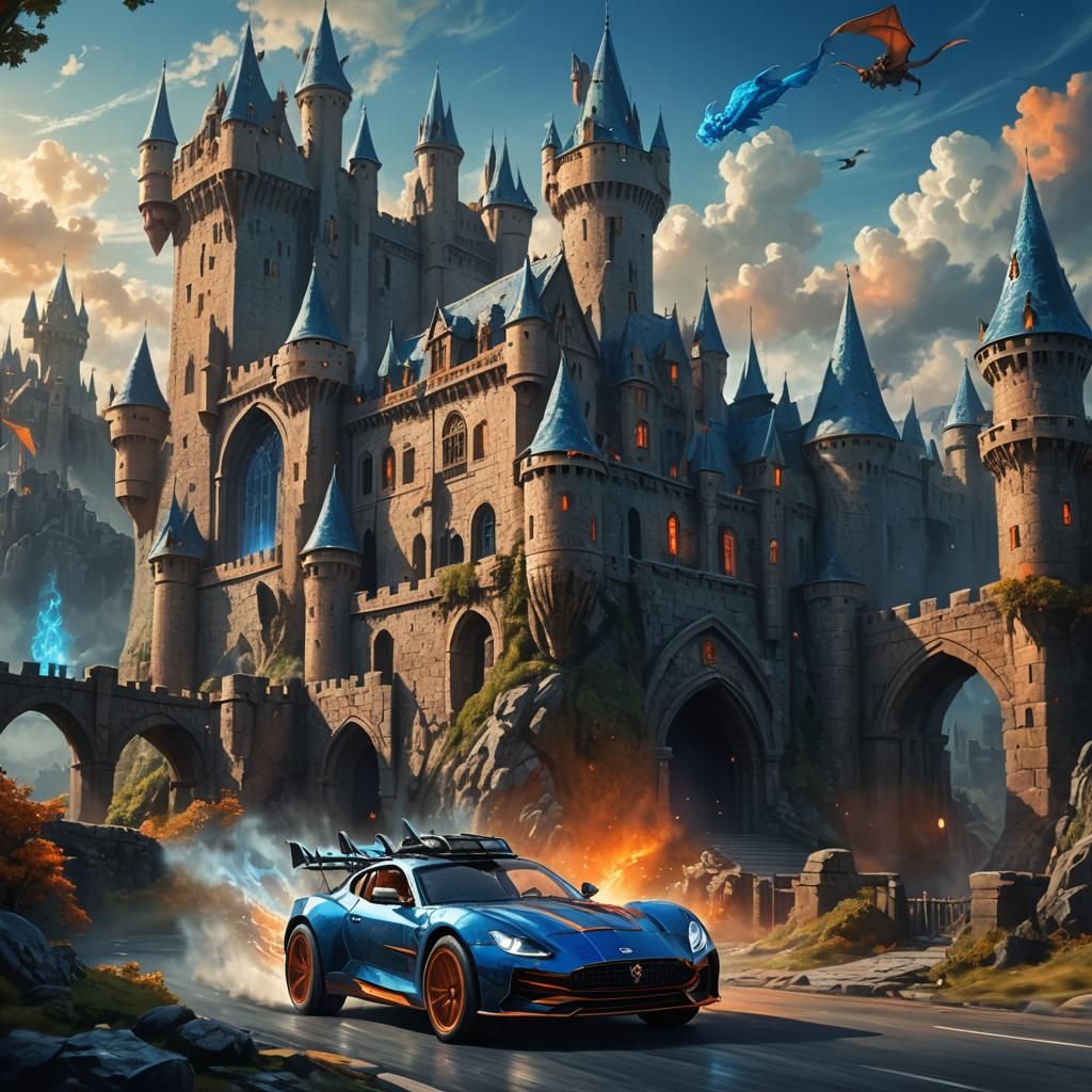 Fantasy Car Race with Sorceress and Dragon