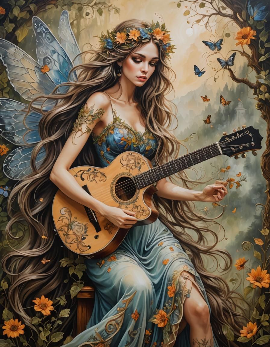 Beautiful Fairy Guitarist Mural: Hyperrealistic Masterpiece