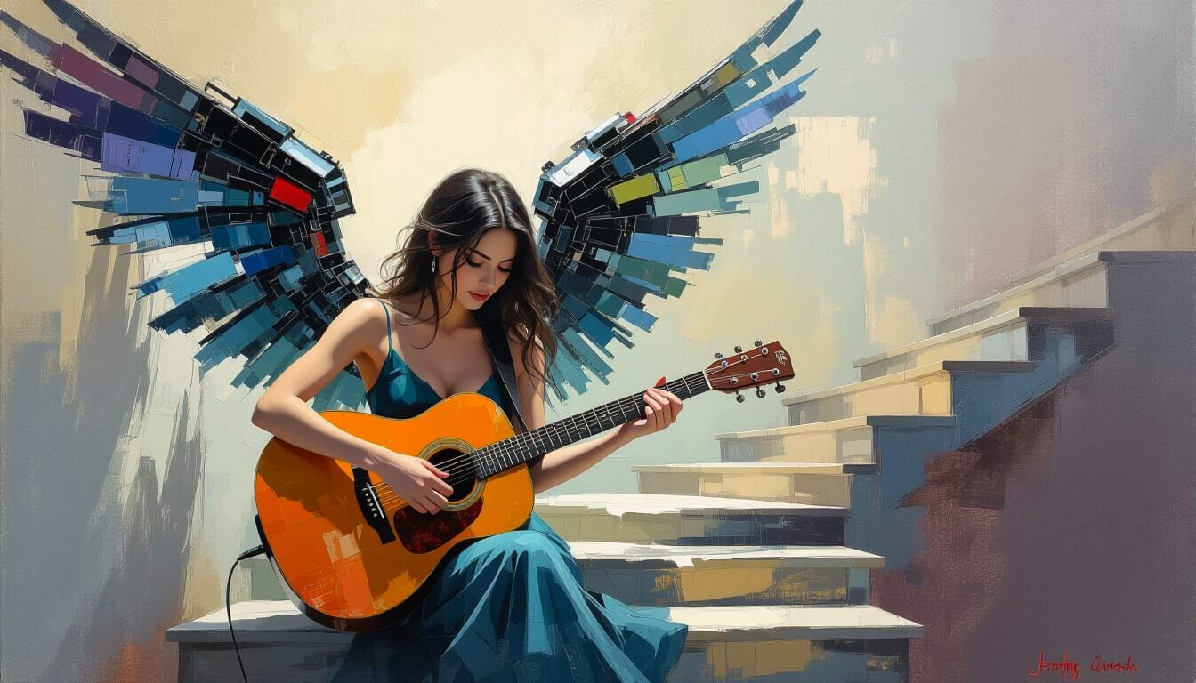 Winged Guitarist in Endless Stairwell: Digital Impasto