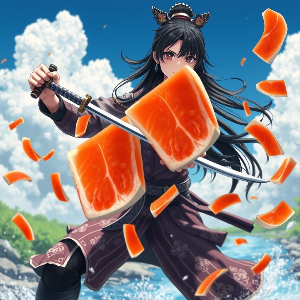 Teenage Samurai Girl Slicing Salmon: 3D Anime Art