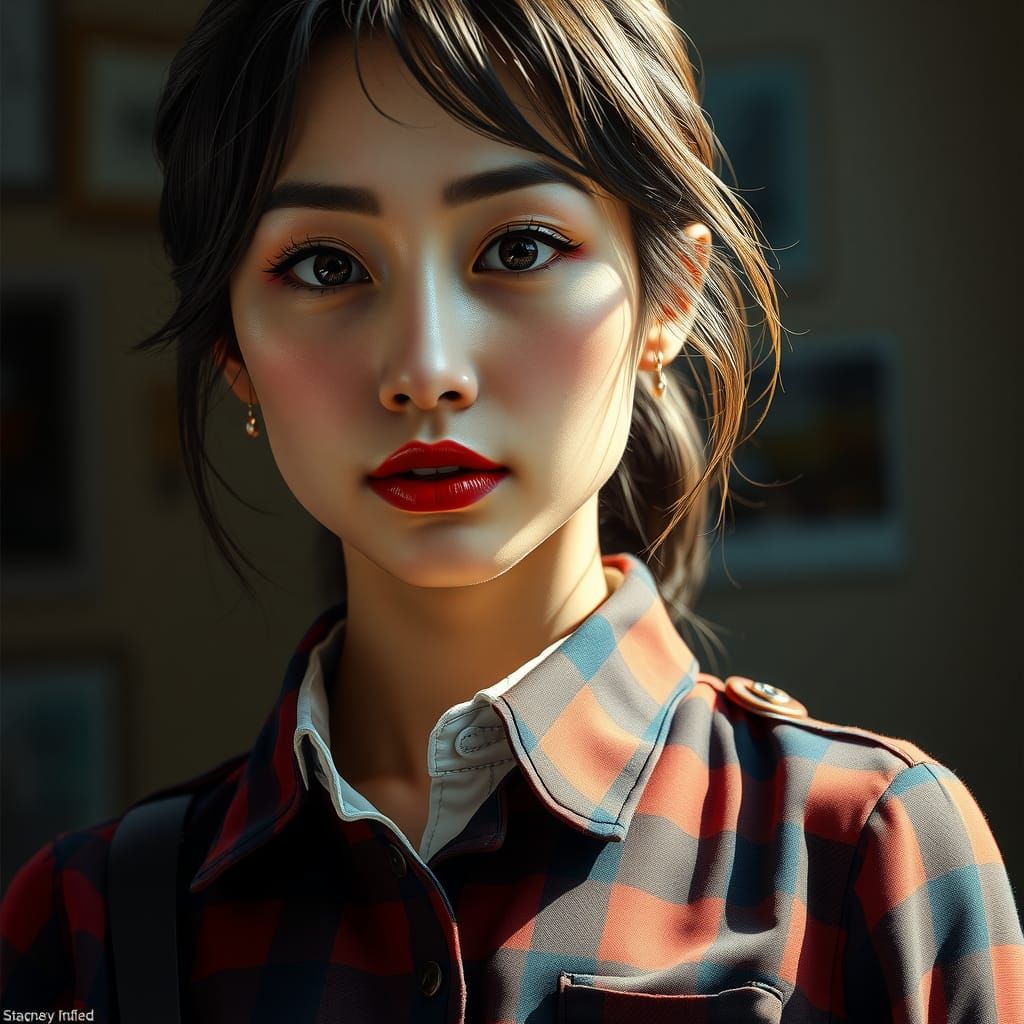 Hyperrealistic Portrait of Woman in Plaid Shirt