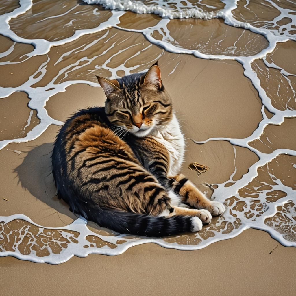 Watercolor Cat Napping in Ocean Wave