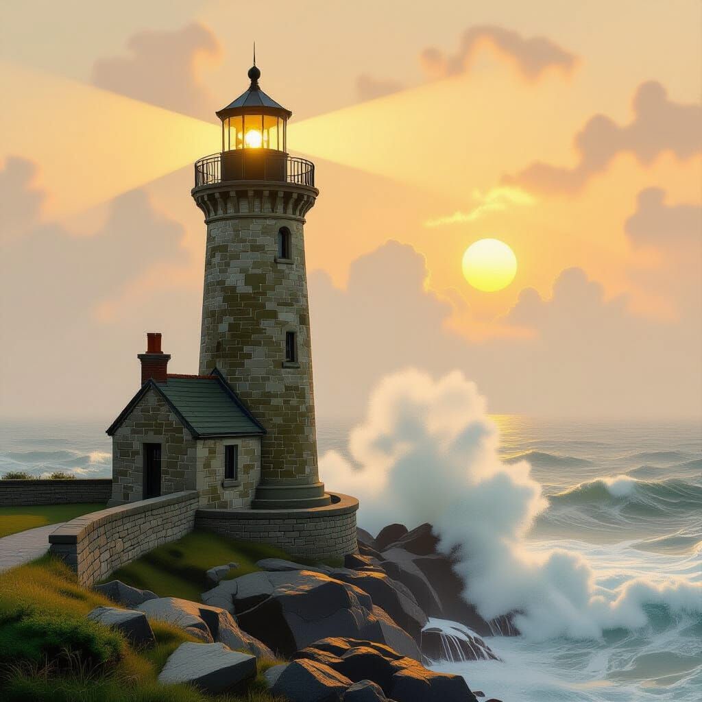 Lighthouse Against Stormy Sea in Art Nouveau Style