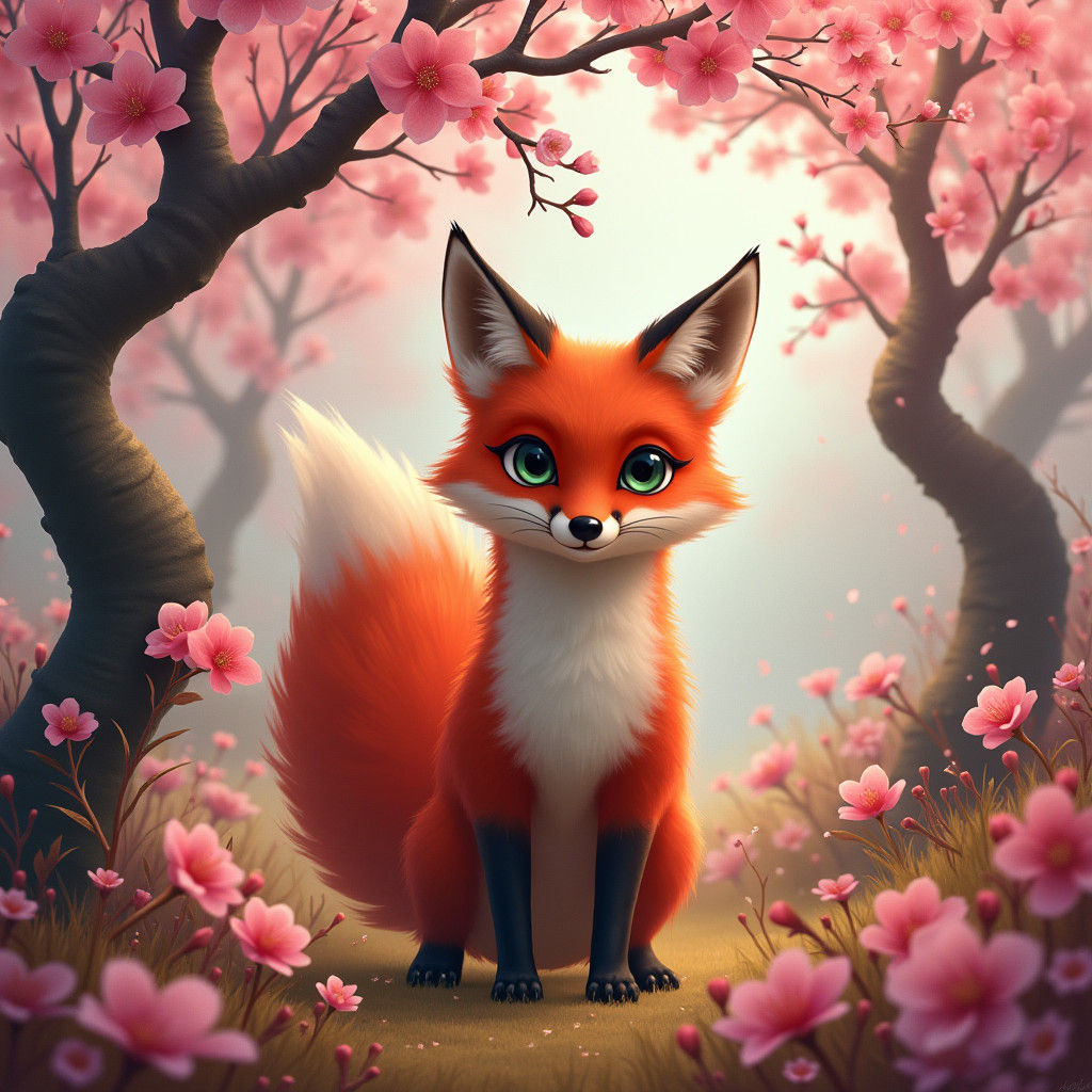 Red Fox in Sakura Garden: A Matte Painting